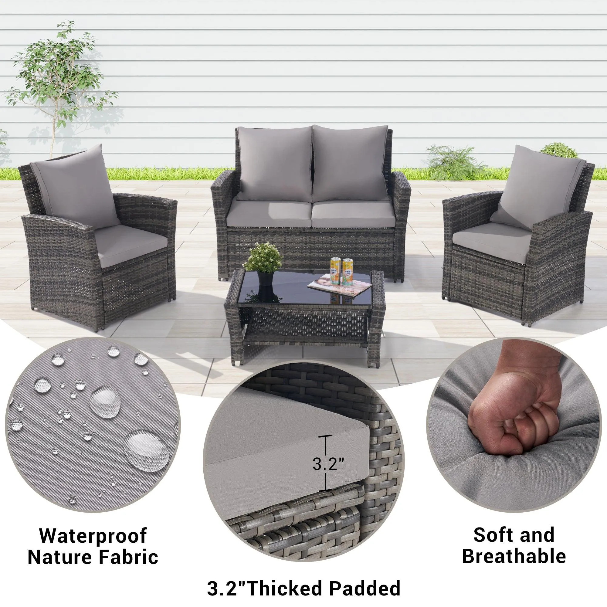 4-Piece Outdoor Patio Furniture Set, Garden Rattan Chairs with Tempered Glass Coffee Table, Poolside Porch Furniture