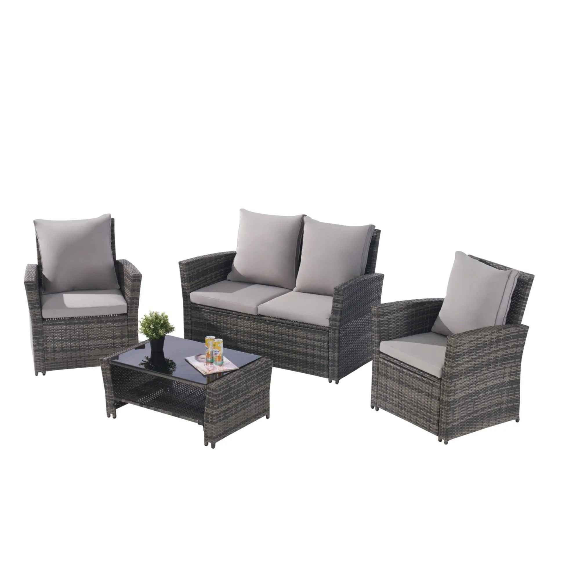 4-Piece Outdoor Patio Furniture Set, Garden Rattan Chairs with Tempered Glass Coffee Table, Poolside Porch Furniture