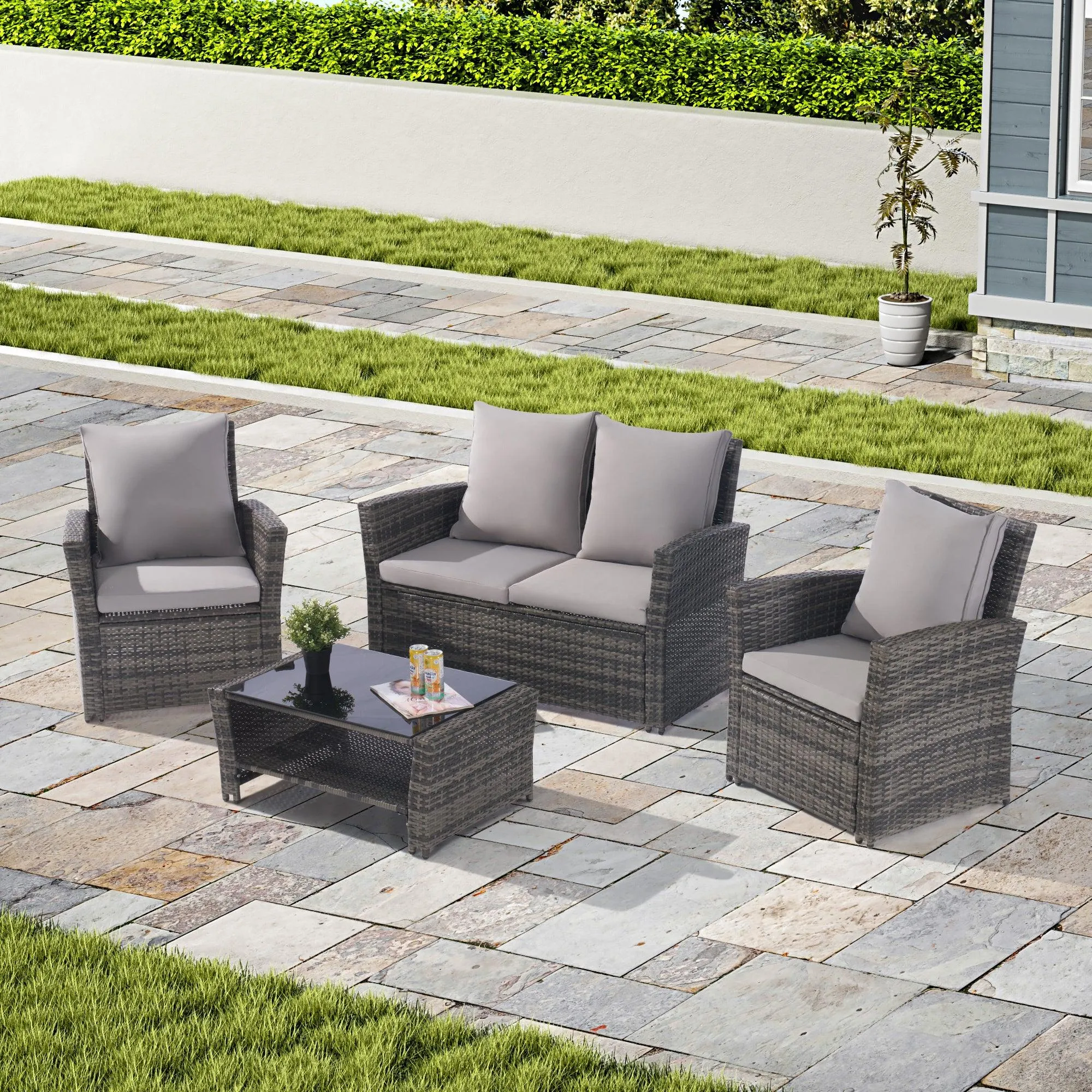 4-Piece Outdoor Patio Furniture Set, Garden Rattan Chairs with Tempered Glass Coffee Table, Poolside Porch Furniture