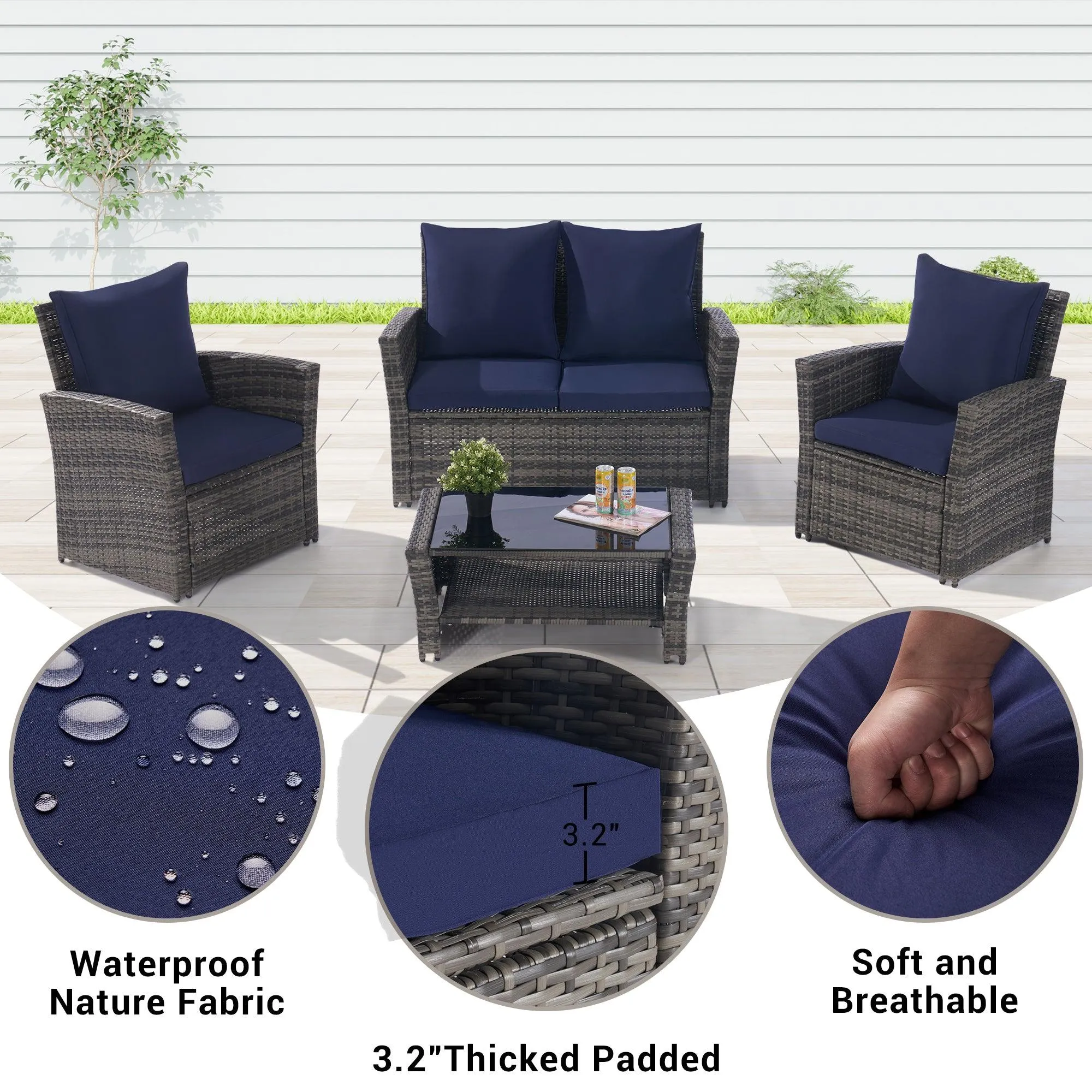 4 Pieces Patio Furniture Sets Garden Rattan Chair Wicker Set,Tempered Glass Coffee Table, Gray Rattan, Dark Blue color Cushion