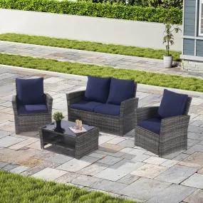 4 Pieces Patio Furniture Sets Garden Rattan Chair Wicker Set,Tempered Glass Coffee Table, Gray Rattan, Dark Blue color Cushion