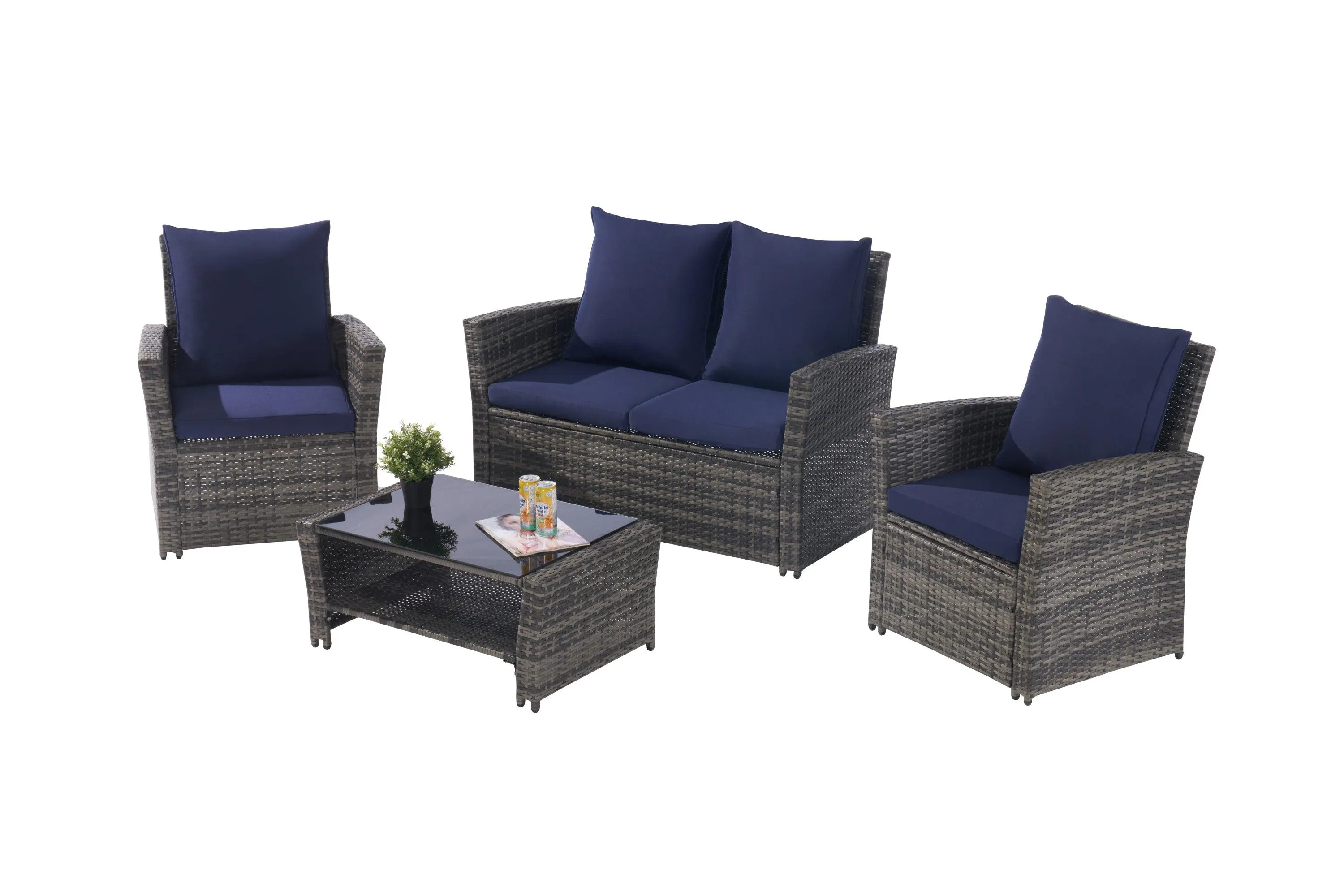 4 Pieces Patio Furniture Sets Garden Rattan Chair Wicker Set,Tempered Glass Coffee Table, Gray Rattan, Dark Blue color Cushion