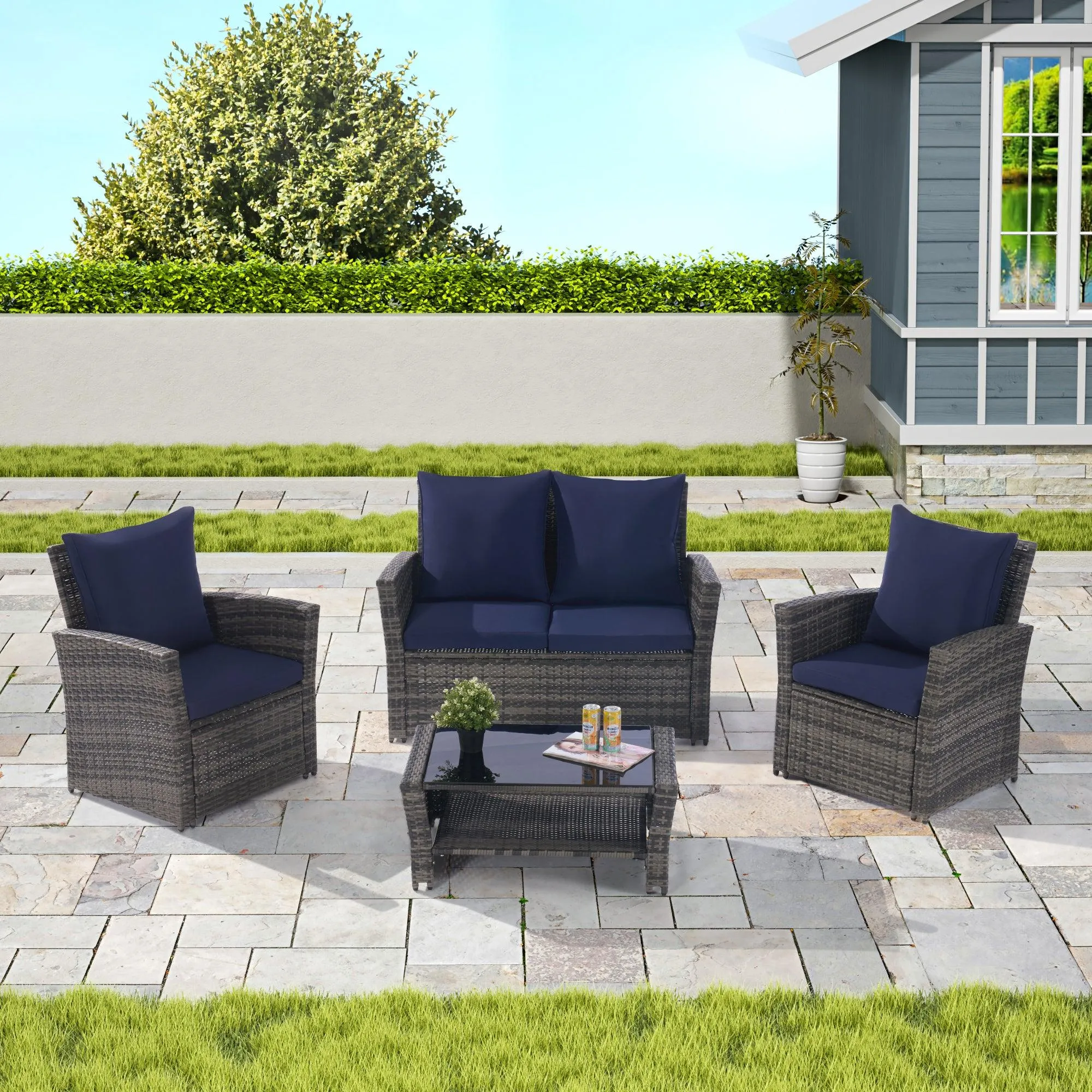 4 Pieces Patio Furniture Sets Garden Rattan Chair Wicker Set,Tempered Glass Coffee Table, Gray Rattan, Dark Blue color Cushion