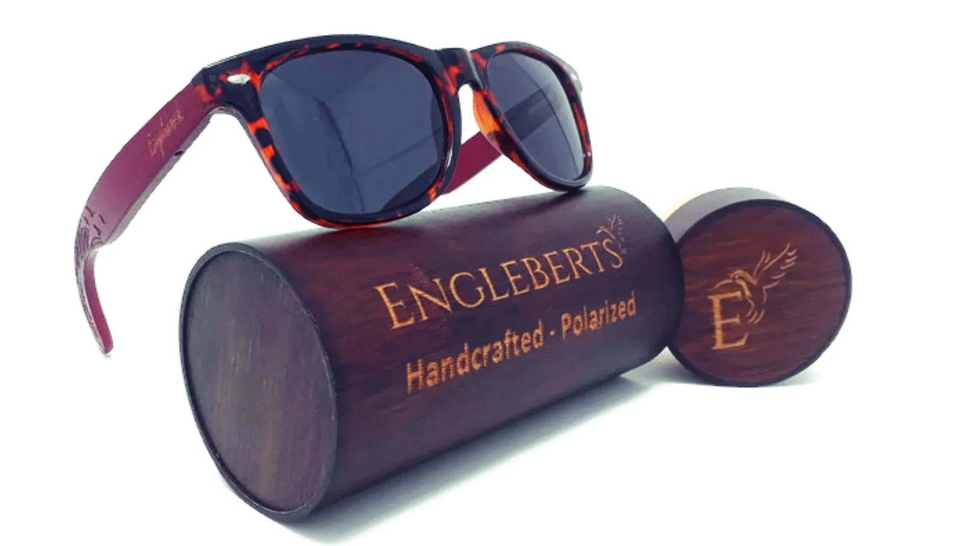 Artisan Engraved Red Bamboo Tortoise Sunglasses with Eco-Friendly Wood Case