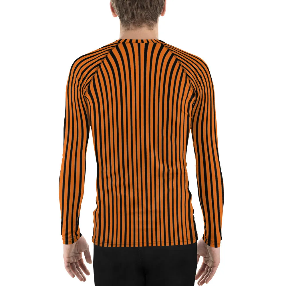 Black Orange Striped Men's Top, Vertical Striped Designer Men's Rash Guards For Water Sports - Made in USA/EU/MX