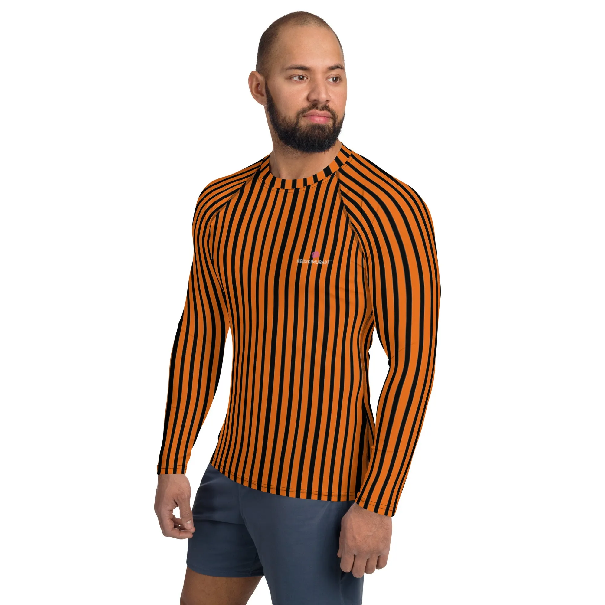 Black Orange Striped Men's Top, Vertical Striped Designer Men's Rash Guards For Water Sports - Made in USA/EU/MX