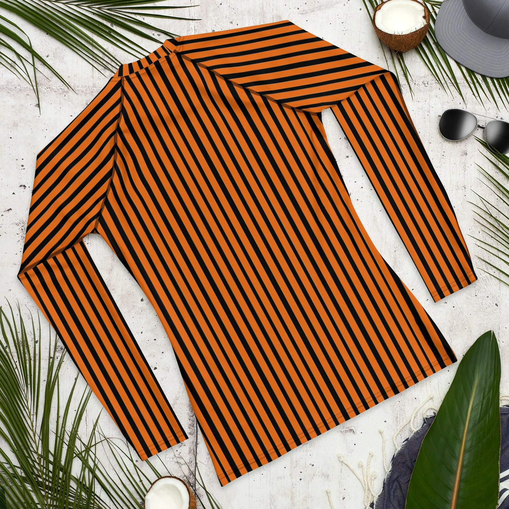 Black Orange Striped Men's Top, Vertical Striped Designer Men's Rash Guards For Water Sports - Made in USA/EU/MX