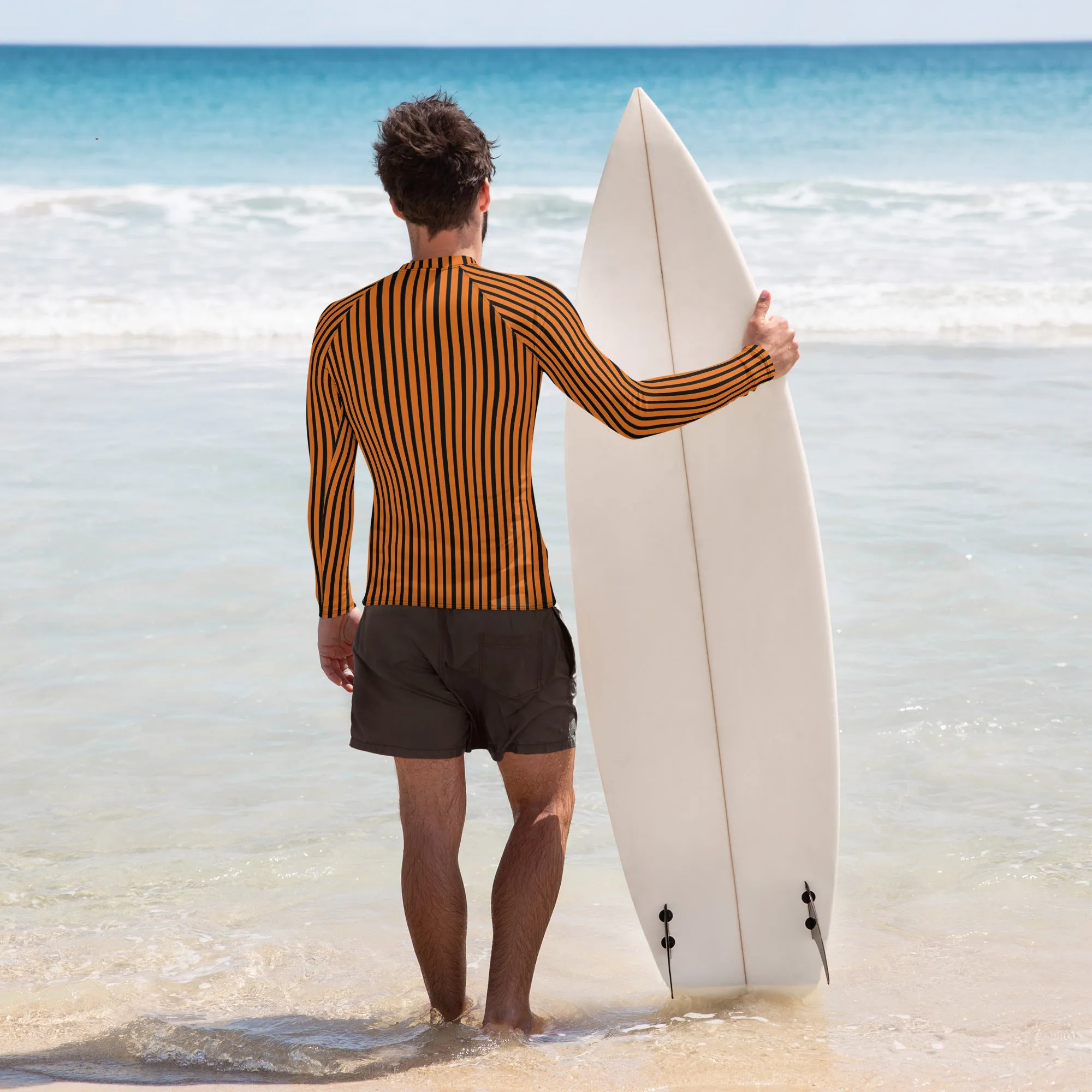 Black Orange Striped Men's Top, Vertical Striped Designer Men's Rash Guards For Water Sports - Made in USA/EU/MX