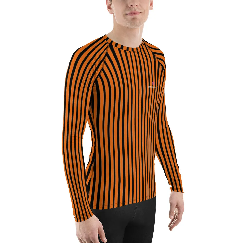 Black Orange Striped Men's Top, Vertical Striped Designer Men's Rash Guards For Water Sports - Made in USA/EU/MX