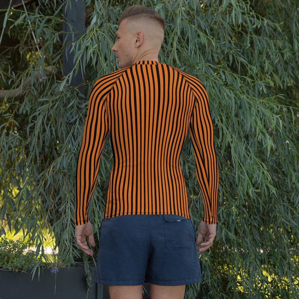 Black Orange Striped Men's Top, Vertical Striped Designer Men's Rash Guards For Water Sports - Made in USA/EU/MX