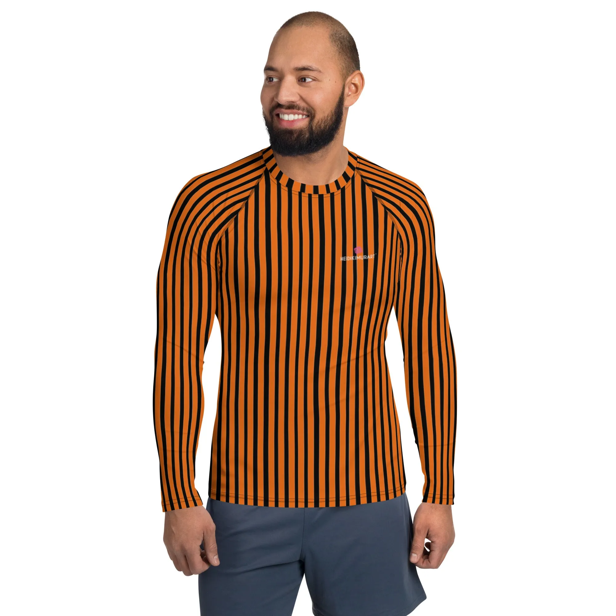 Black Orange Striped Men's Top, Vertical Striped Designer Men's Rash Guards For Water Sports - Made in USA/EU/MX