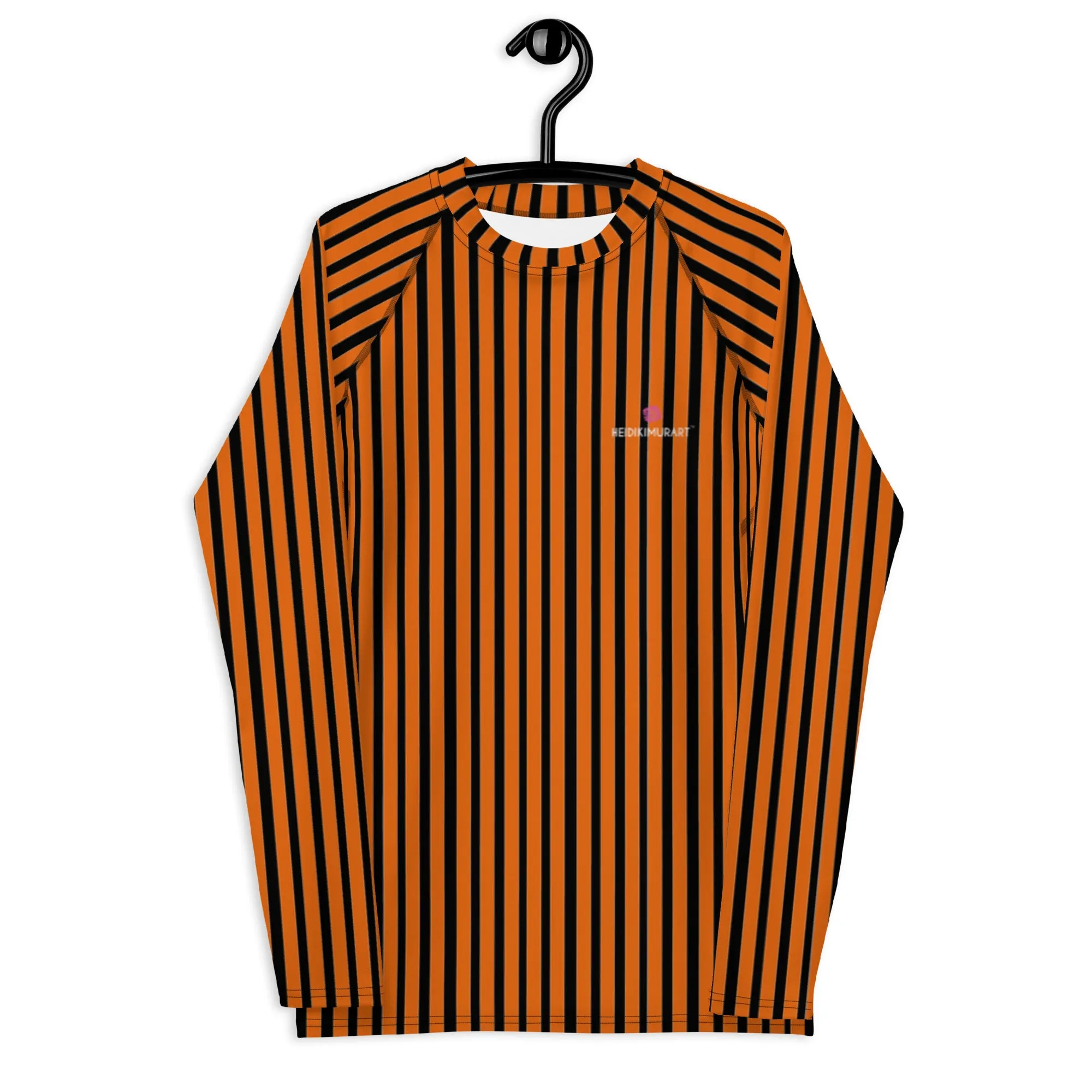 Black Orange Striped Men's Top, Vertical Striped Designer Men's Rash Guards For Water Sports - Made in USA/EU/MX