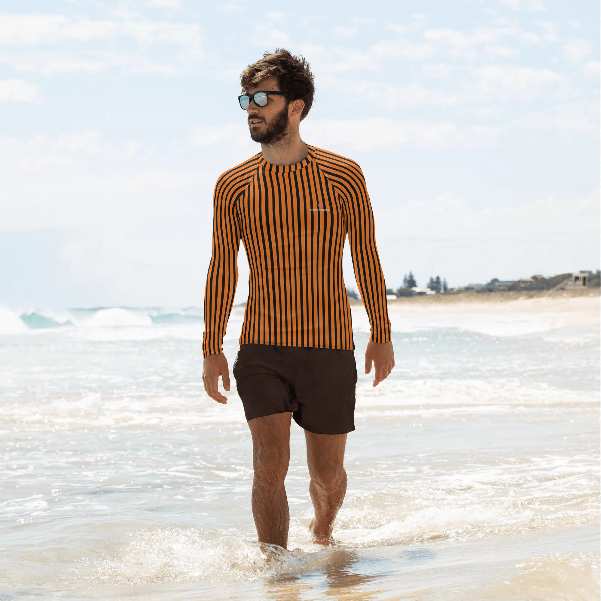 Black Orange Striped Men's Top, Vertical Striped Designer Men's Rash Guards For Water Sports - Made in USA/EU/MX