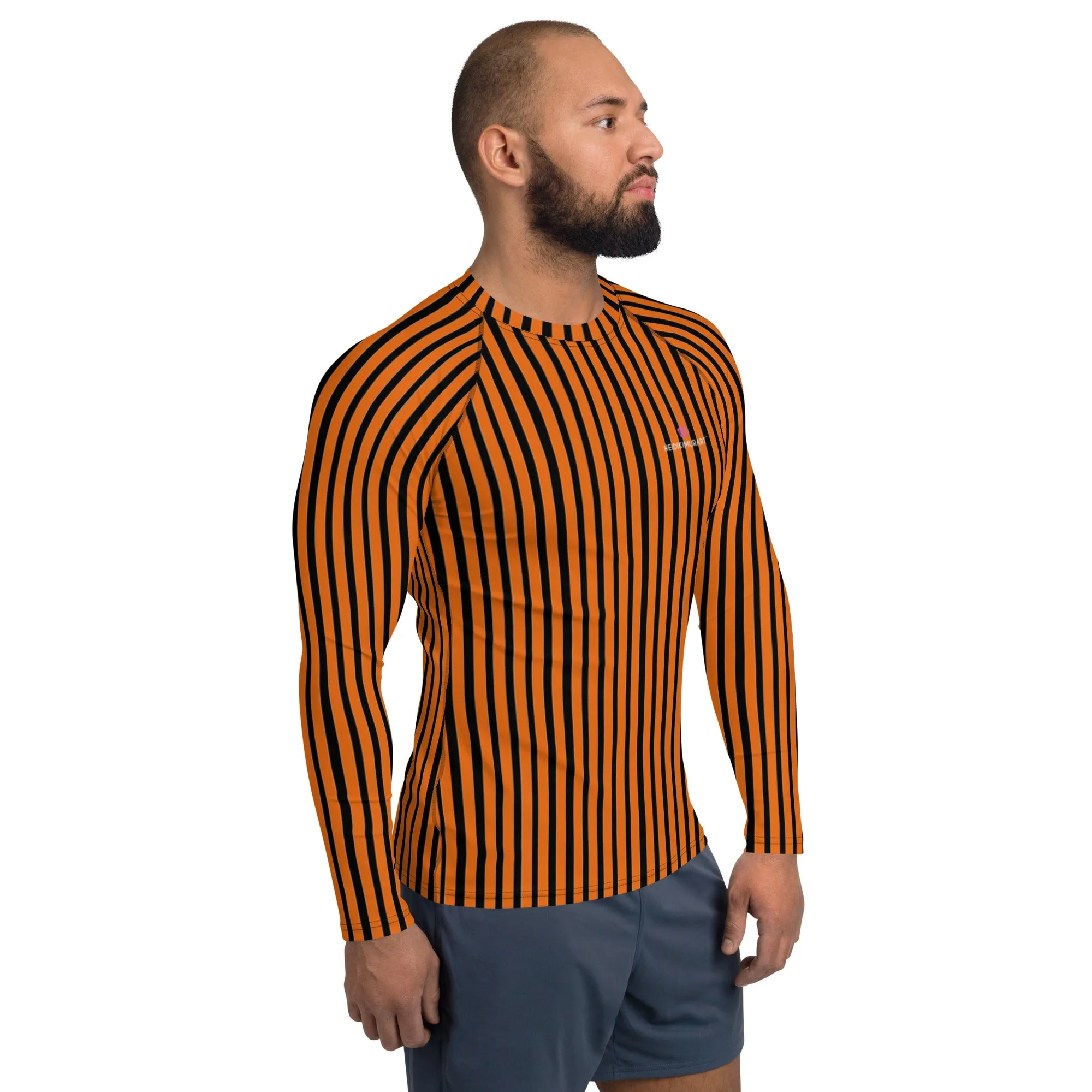 Black Orange Striped Men's Top, Vertical Striped Designer Men's Rash Guards For Water Sports - Made in USA/EU/MX