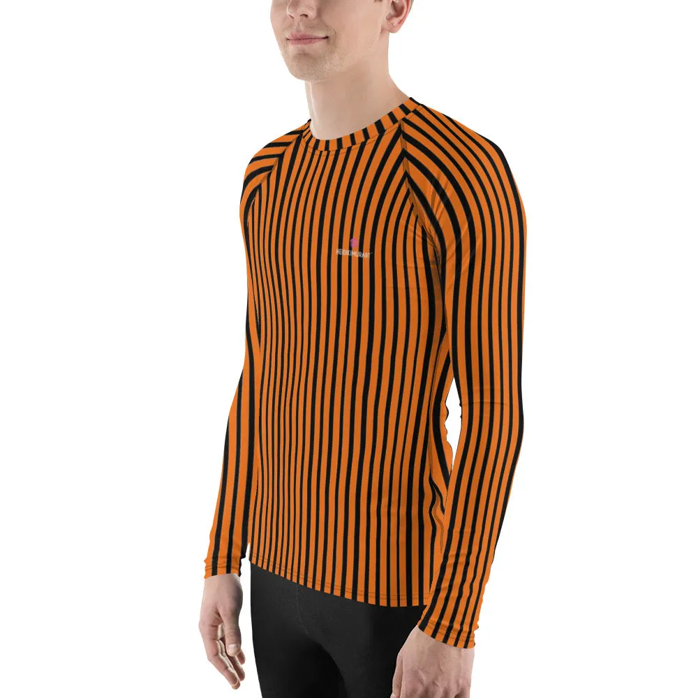 Black Orange Striped Men's Top, Vertical Striped Designer Men's Rash Guards For Water Sports - Made in USA/EU/MX