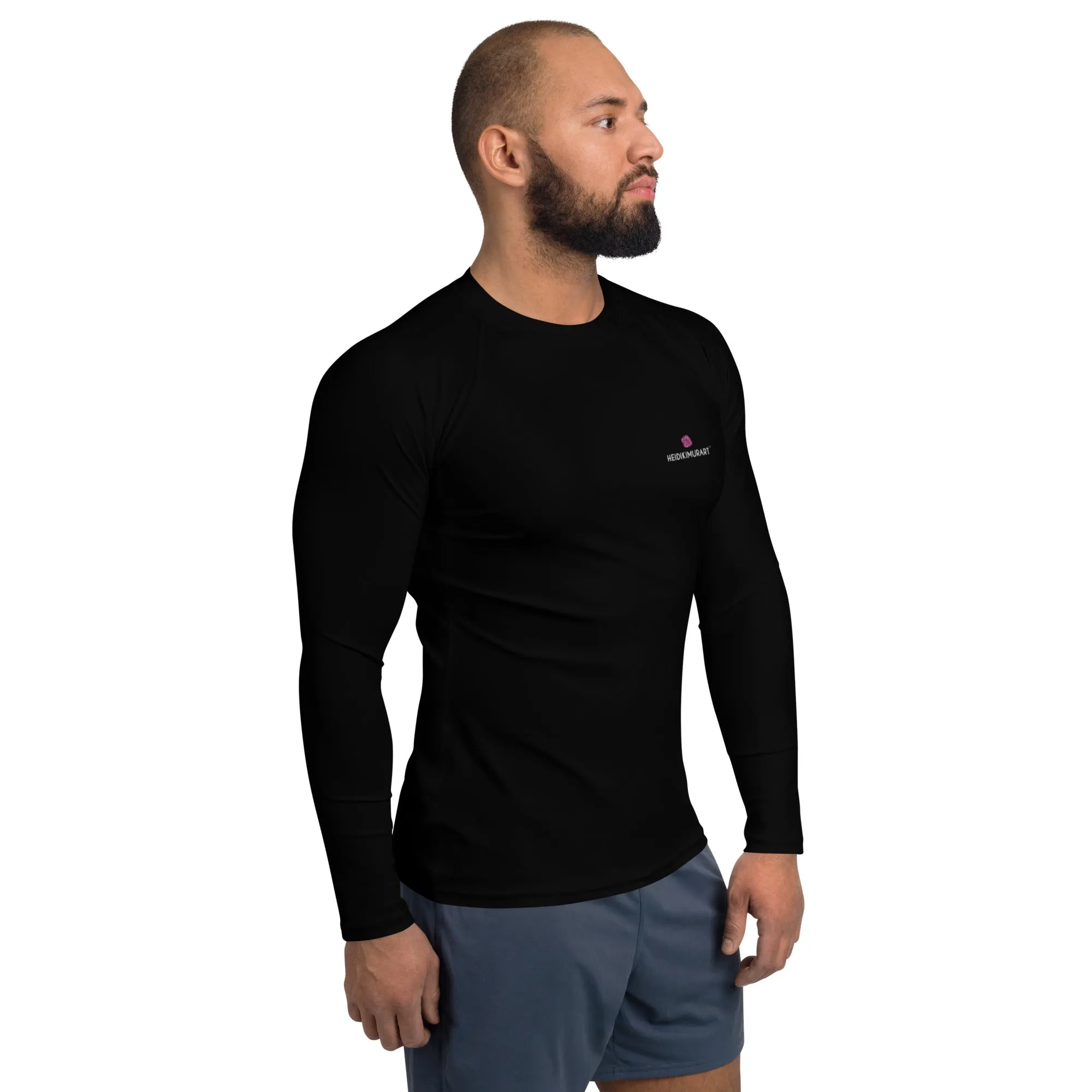 Black Solid Color Men's Top, Best Men's Rash Guard UPF 50  Long Sleeves Designer Polyester Spandex Sportswear