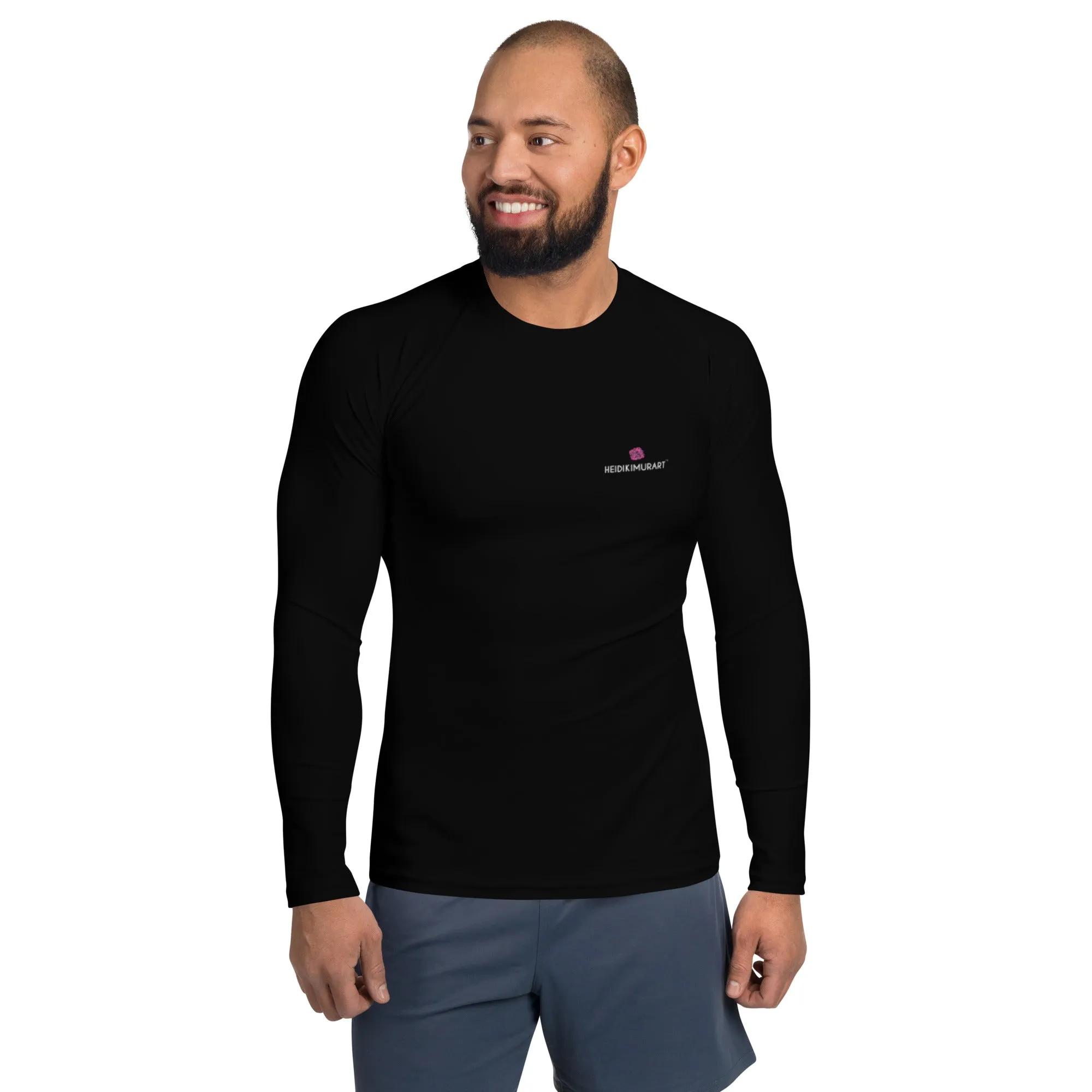 Black Solid Color Men's Top, Best Men's Rash Guard UPF 50  Long Sleeves Designer Polyester Spandex Sportswear