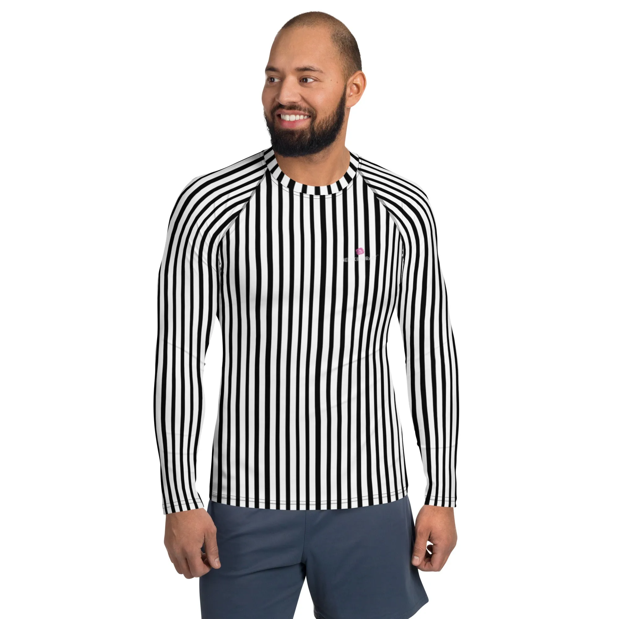 Black White Striped Rash Guard, Vertical Striped Designer Men's Rash Guards For Water Sports - Made in USA/EU/MX