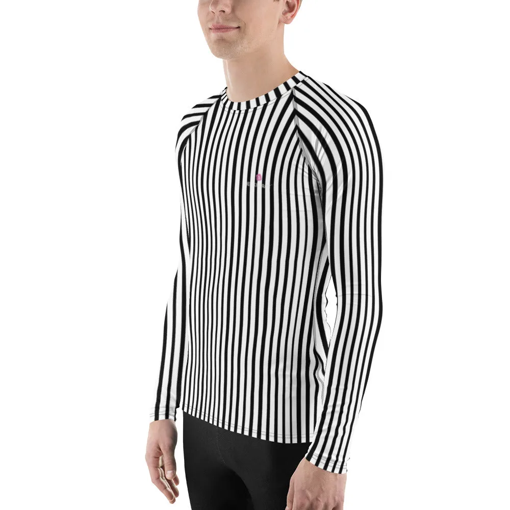 Black White Striped Rash Guard, Vertical Striped Designer Men's Rash Guards For Water Sports - Made in USA/EU/MX