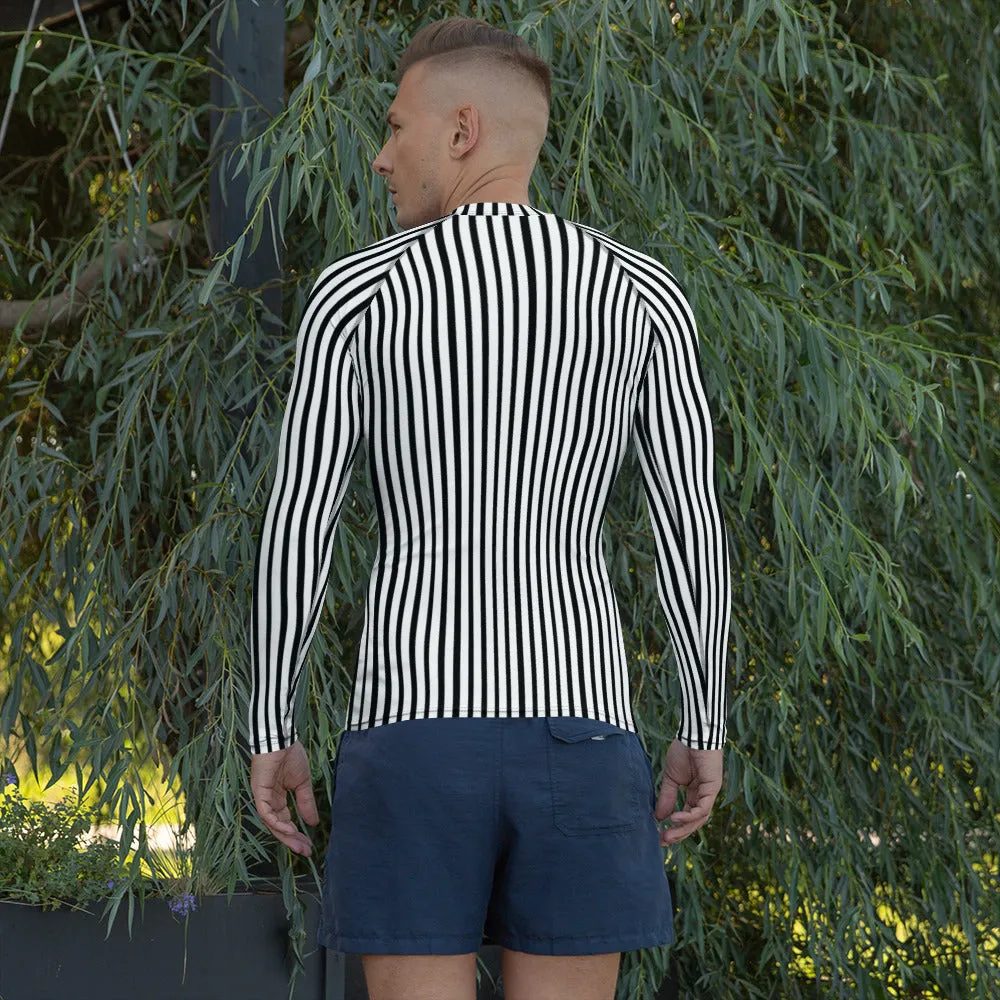 Black White Striped Rash Guard, Vertical Striped Designer Men's Rash Guards For Water Sports - Made in USA/EU/MX