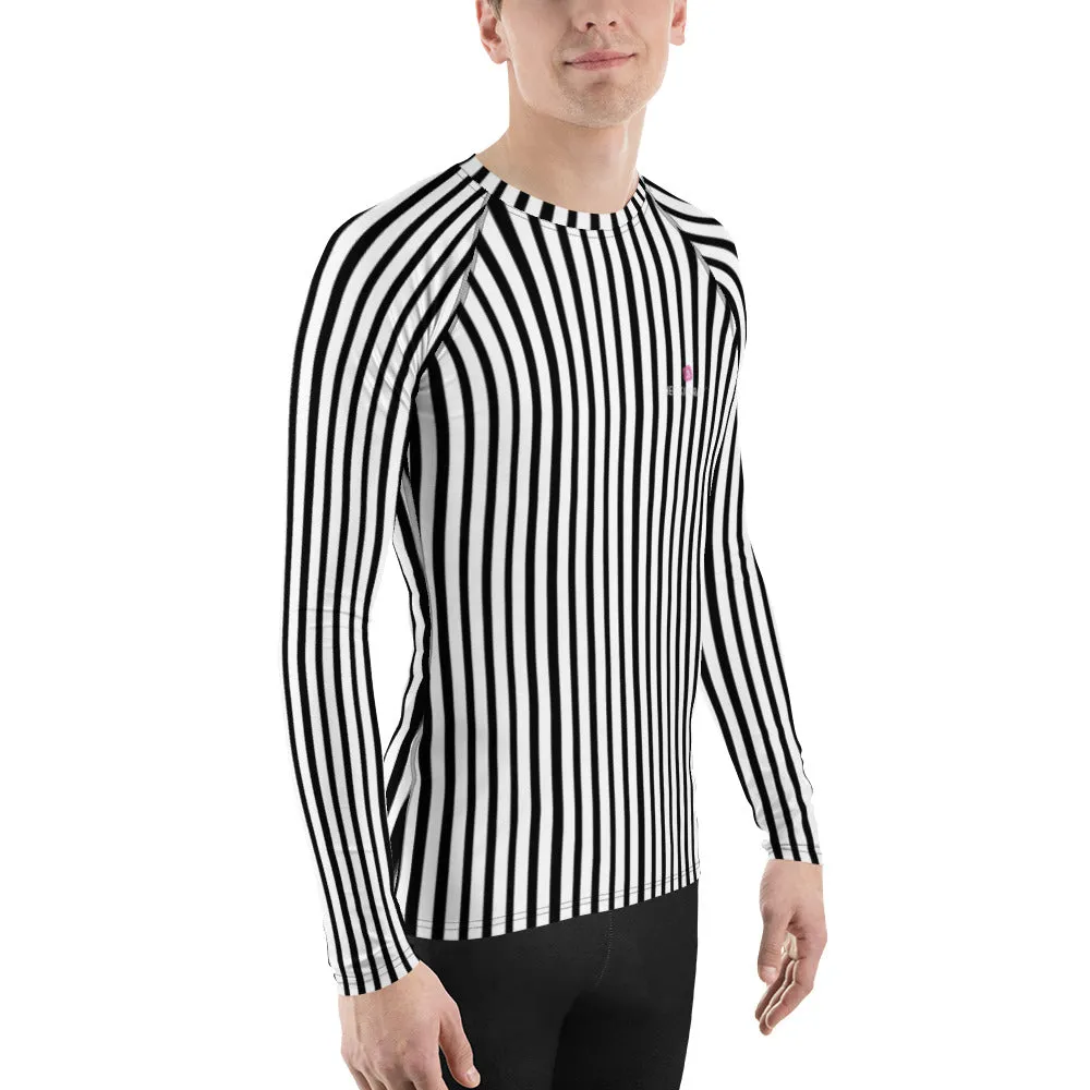 Black White Striped Rash Guard, Vertical Striped Designer Men's Rash Guards For Water Sports - Made in USA/EU/MX