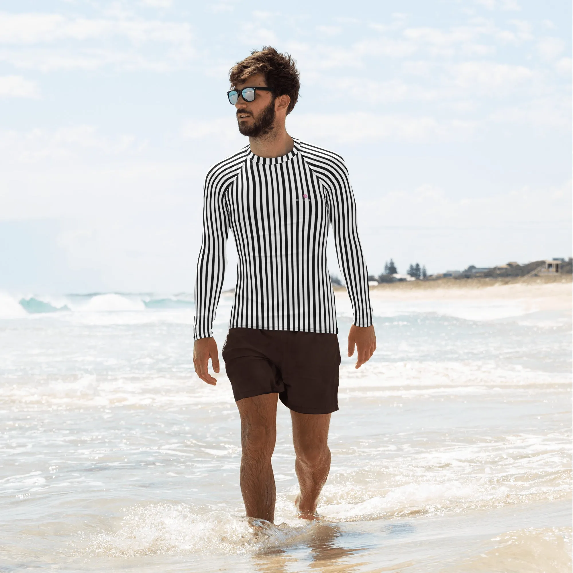 Black White Striped Rash Guard, Vertical Striped Designer Men's Rash Guards For Water Sports - Made in USA/EU/MX