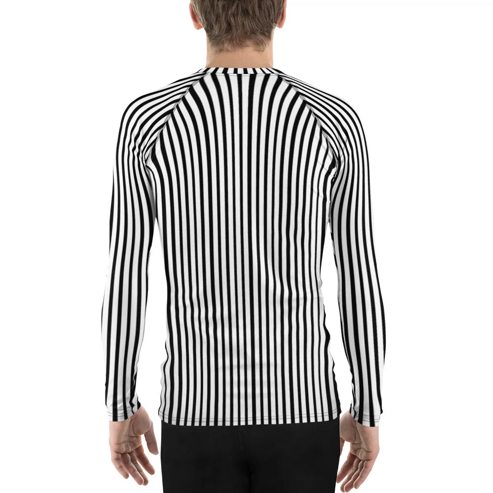 Black White Striped Rash Guard, Vertical Striped Designer Men's Rash Guards For Water Sports - Made in USA/EU/MX