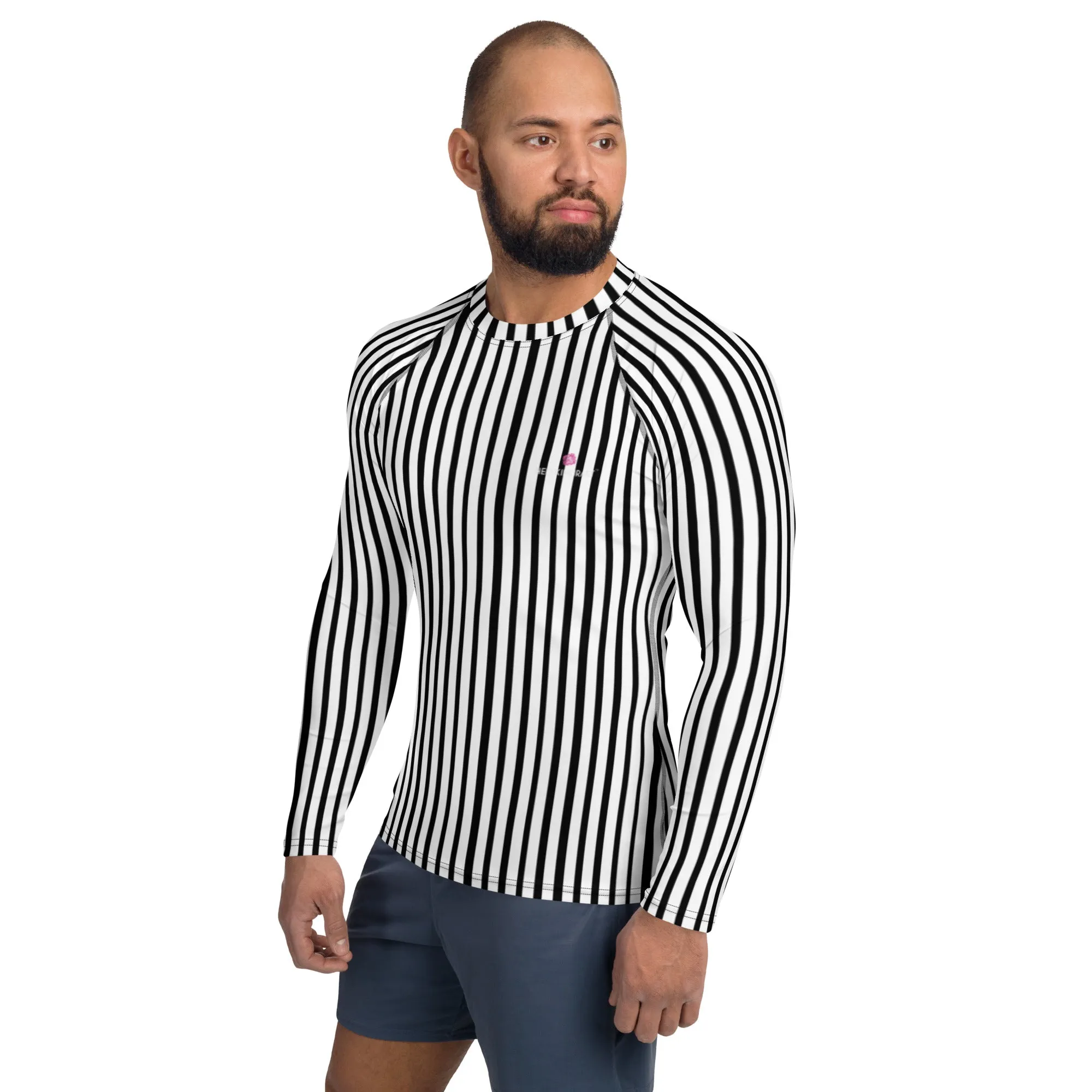 Black White Striped Rash Guard, Vertical Striped Designer Men's Rash Guards For Water Sports - Made in USA/EU/MX