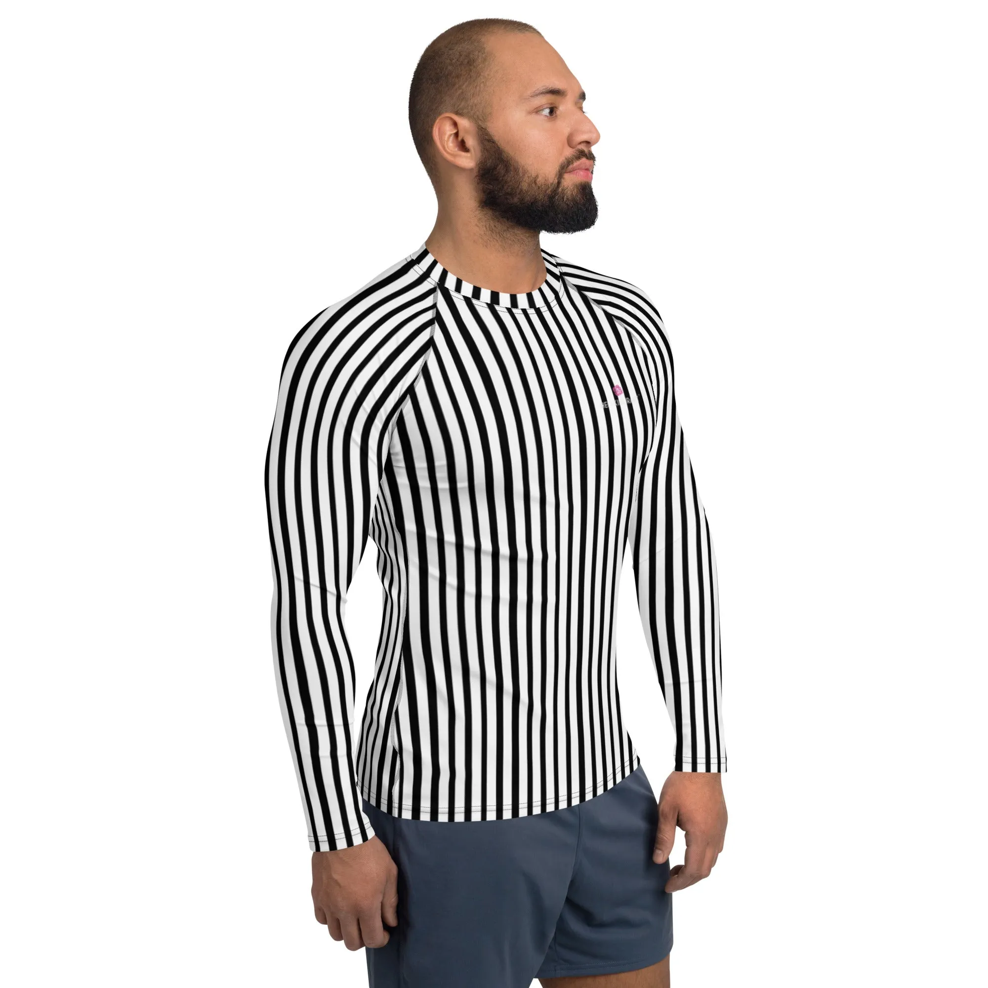 Black White Striped Rash Guard, Vertical Striped Designer Men's Rash Guards For Water Sports - Made in USA/EU/MX