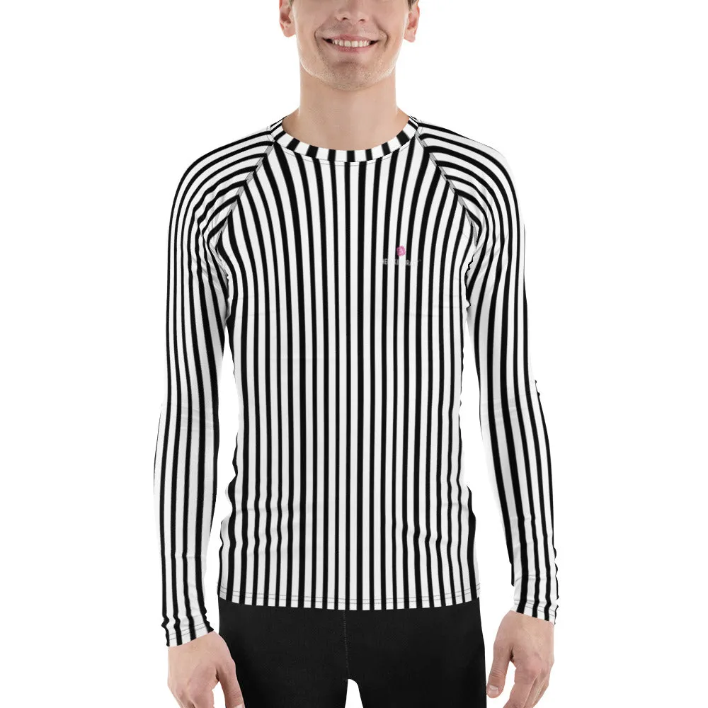 Black White Striped Rash Guard, Vertical Striped Designer Men's Rash Guards For Water Sports - Made in USA/EU/MX