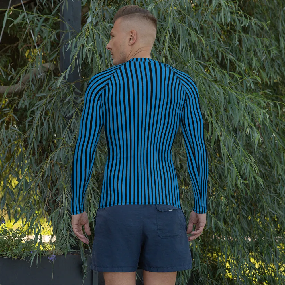 Blue Black Striped Men's Top, Vertical Striped Designer Men's Rash Guards For Water Sports - Made in USA/EU/MX