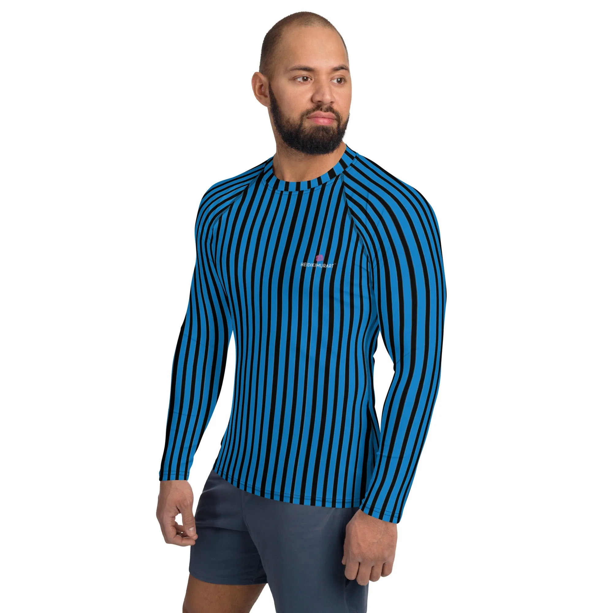 Blue Black Striped Men's Top, Vertical Striped Designer Men's Rash Guards For Water Sports - Made in USA/EU/MX