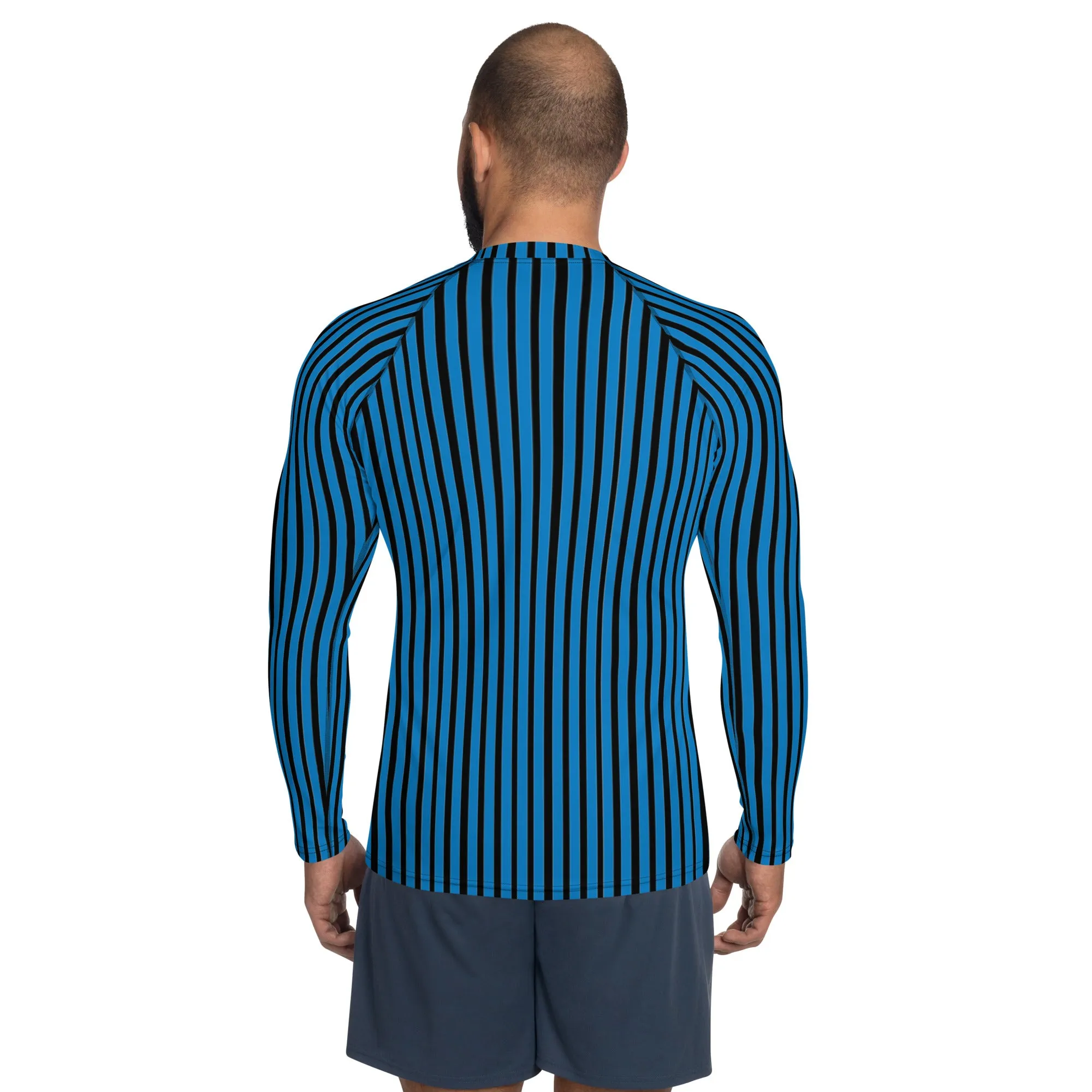 Blue Black Striped Men's Top, Vertical Striped Designer Men's Rash Guards For Water Sports - Made in USA/EU/MX