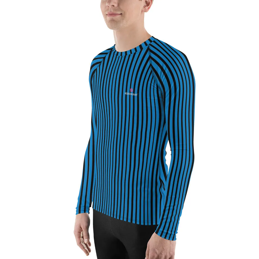 Blue Black Striped Men's Top, Vertical Striped Designer Men's Rash Guards For Water Sports - Made in USA/EU/MX