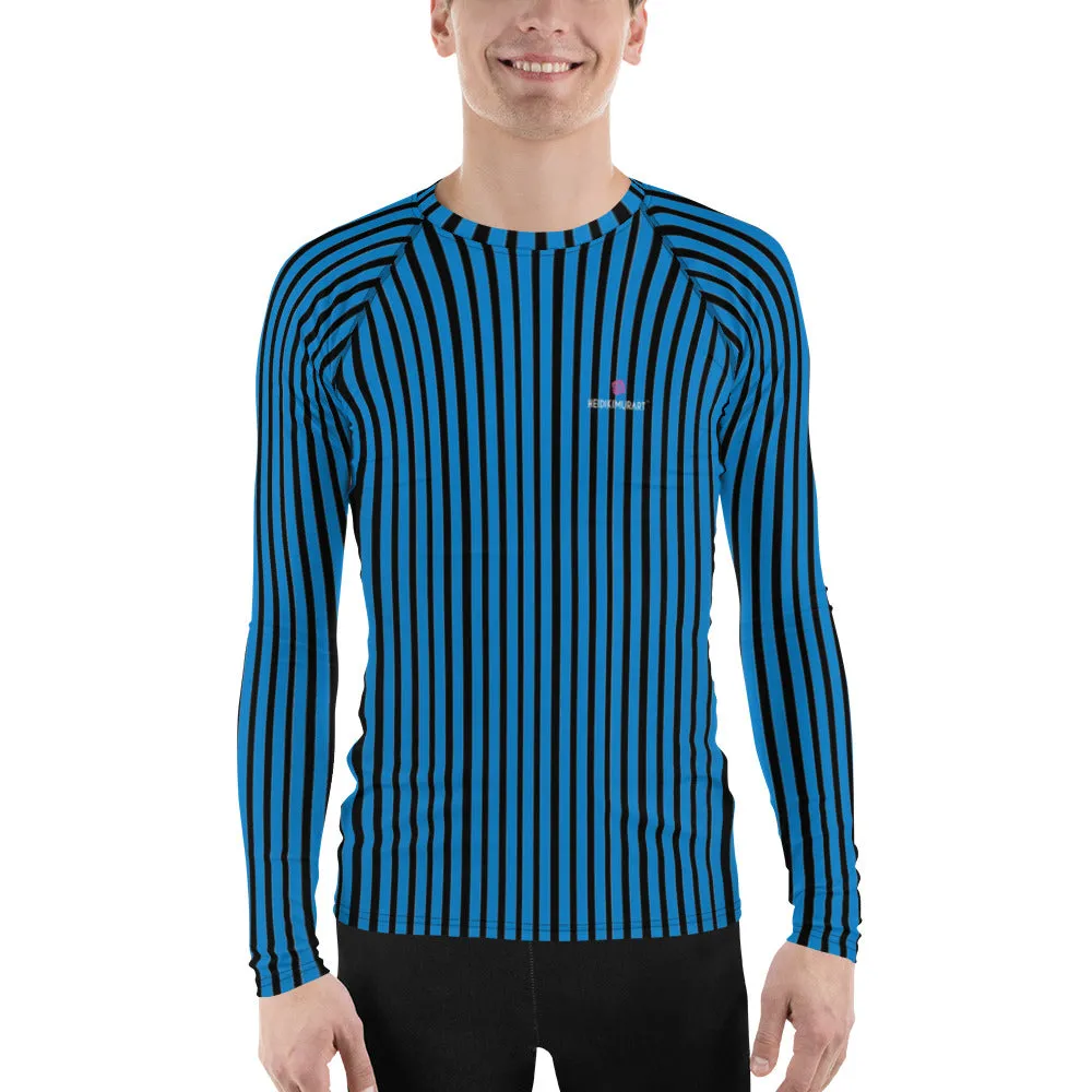 Blue Black Striped Men's Top, Vertical Striped Designer Men's Rash Guards For Water Sports - Made in USA/EU/MX