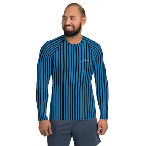 Blue Black Striped Men's Top, Vertical Striped Designer Men's Rash Guards For Water Sports - Made in USA/EU/MX