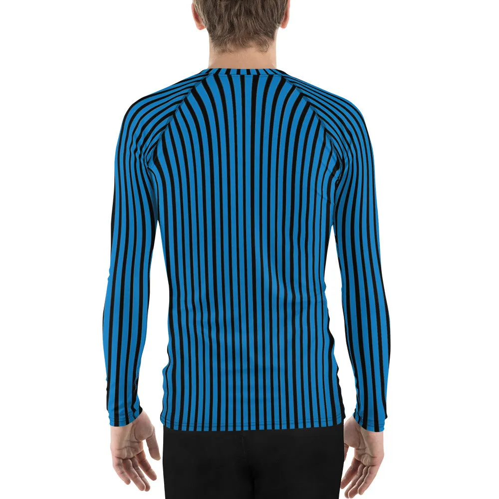 Blue Black Striped Men's Top, Vertical Striped Designer Men's Rash Guards For Water Sports - Made in USA/EU/MX