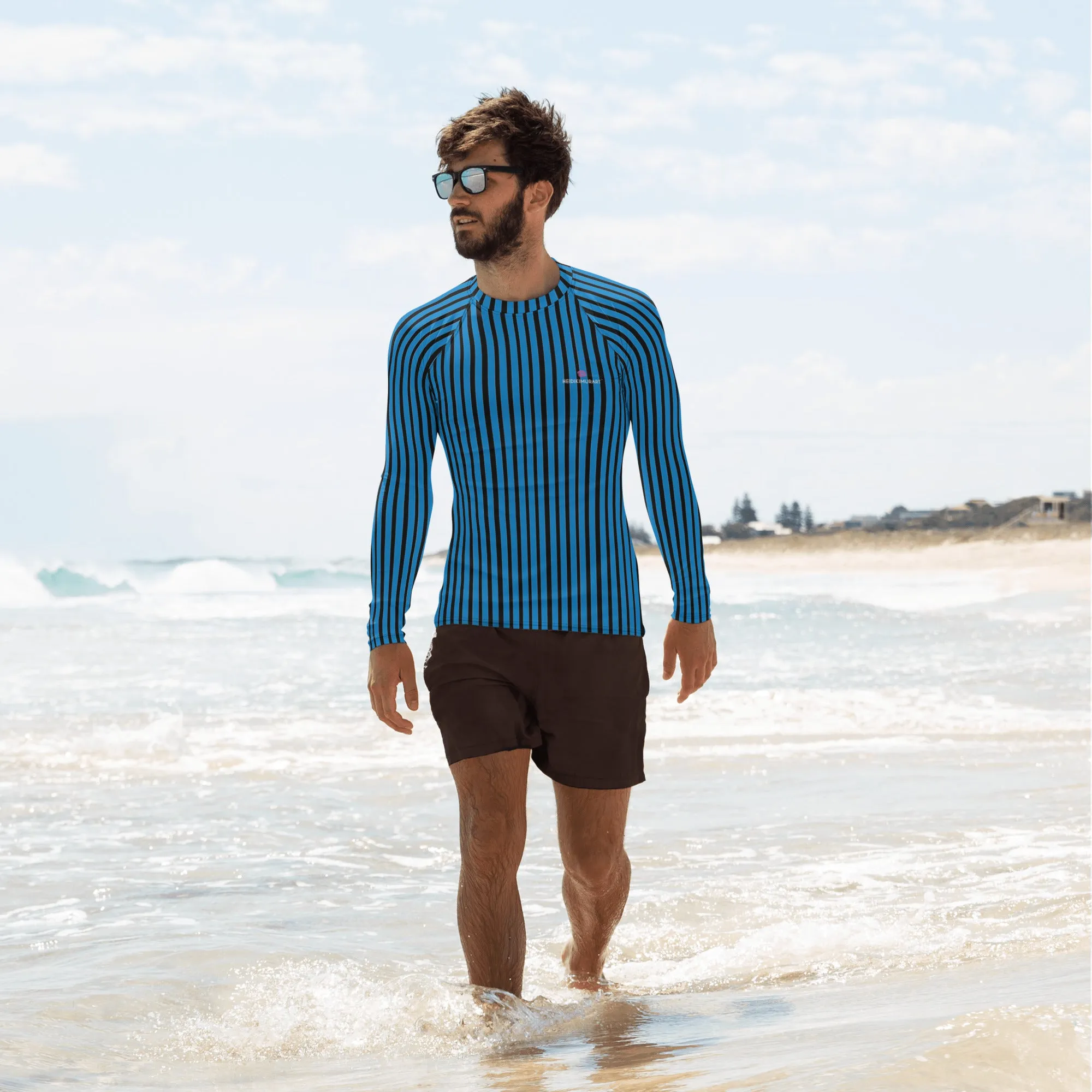 Blue Black Striped Men's Top, Vertical Striped Designer Men's Rash Guards For Water Sports - Made in USA/EU/MX