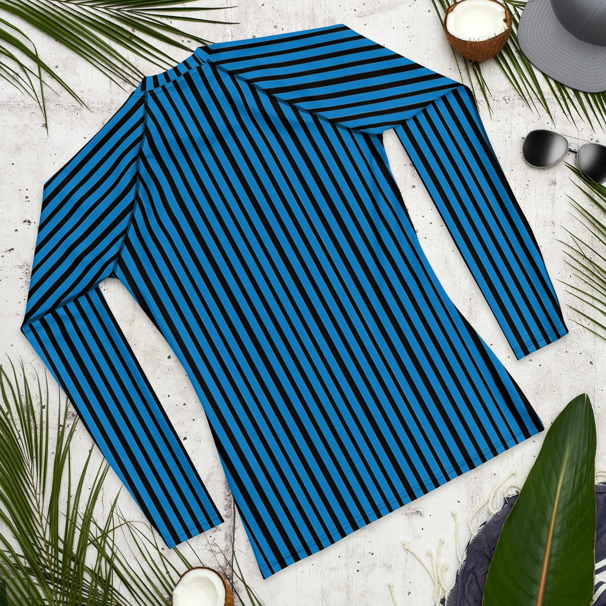 Blue Black Striped Men's Top, Vertical Striped Designer Men's Rash Guards For Water Sports - Made in USA/EU/MX