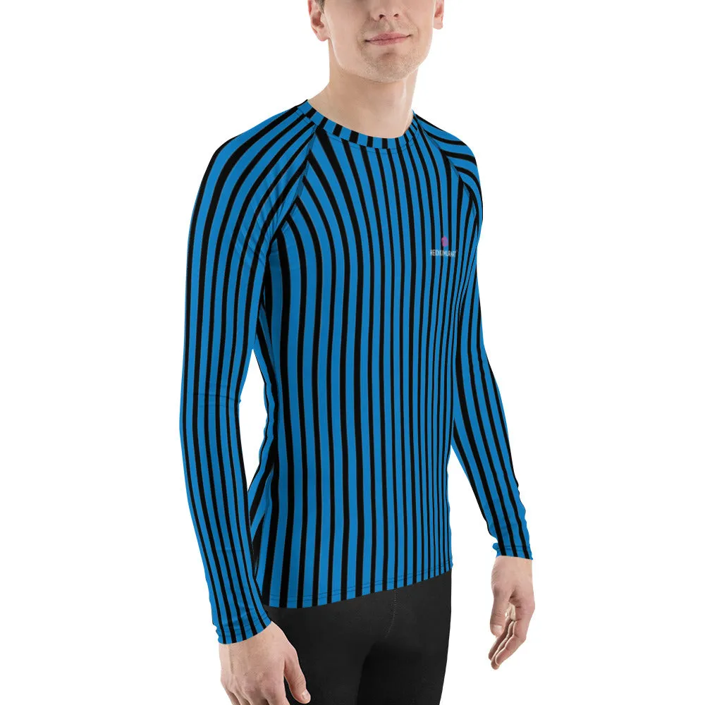 Blue Black Striped Men's Top, Vertical Striped Designer Men's Rash Guards For Water Sports - Made in USA/EU/MX