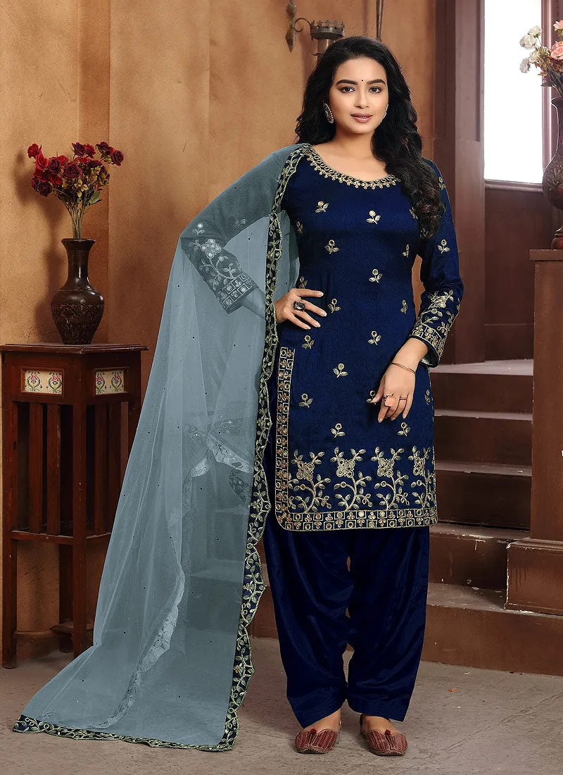 Blue Mirror work Embroidered Punjabi Suit