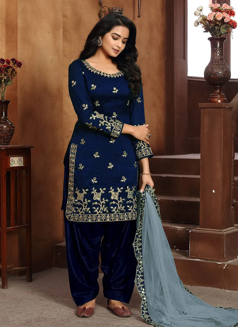 Blue Mirror work Embroidered Punjabi Suit