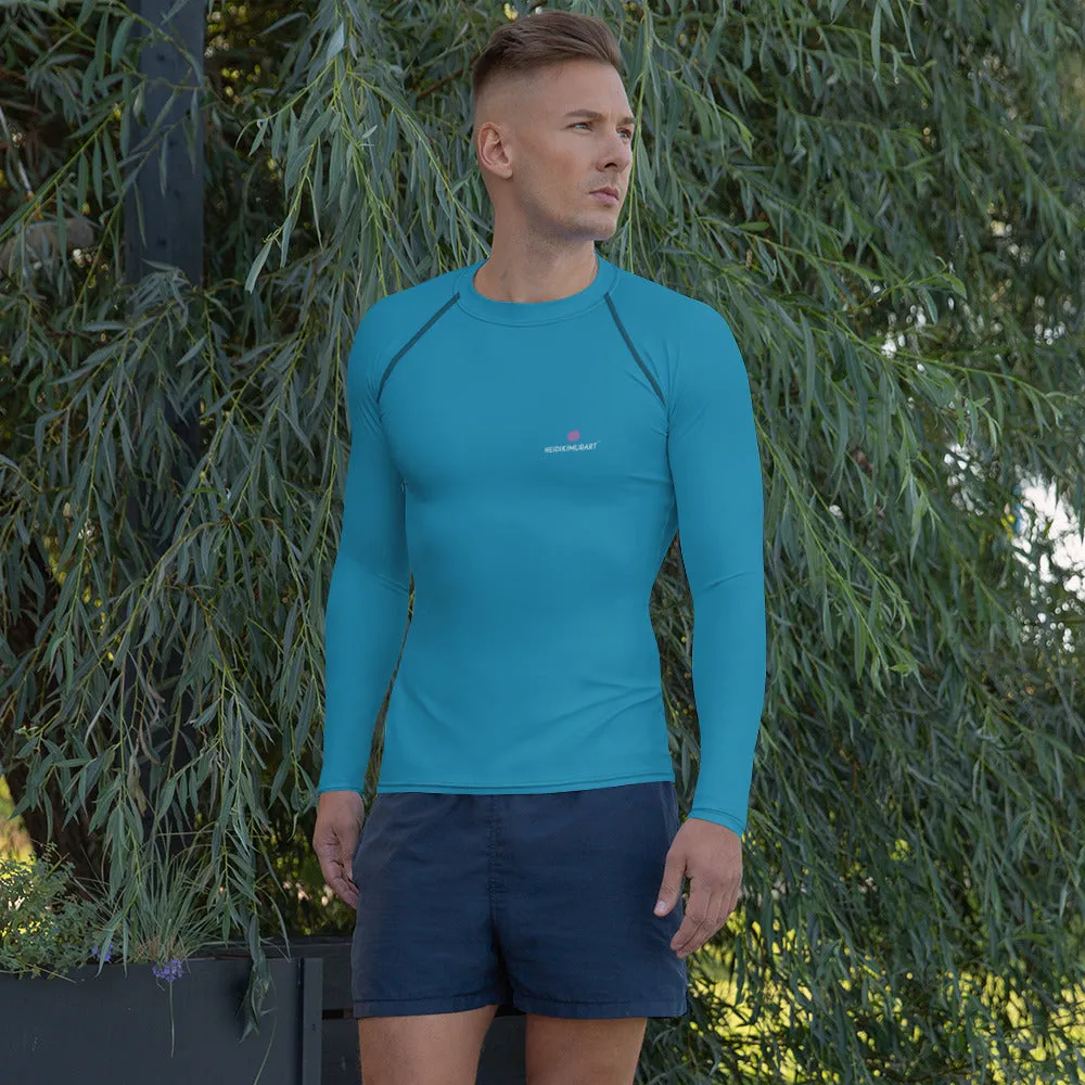 Blue Solid Color Men's Top, Best Men's Rash Guard UPF 50  Long Sleeves Designer Polyester Spandex Sportswear