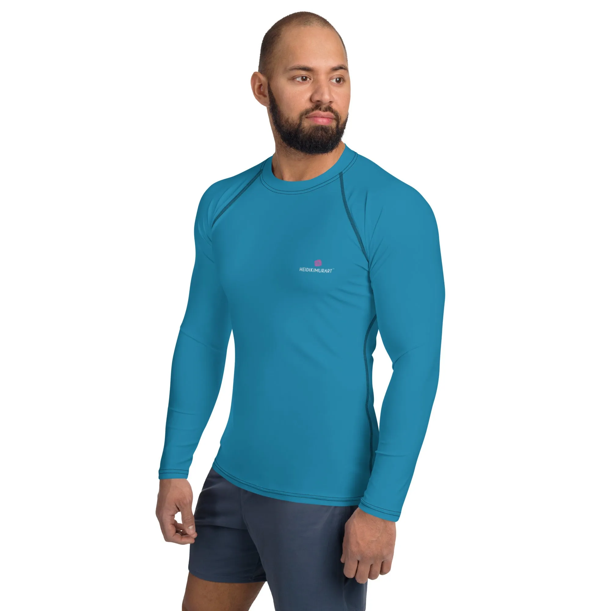 Blue Solid Color Men's Top, Best Men's Rash Guard UPF 50  Long Sleeves Designer Polyester Spandex Sportswear