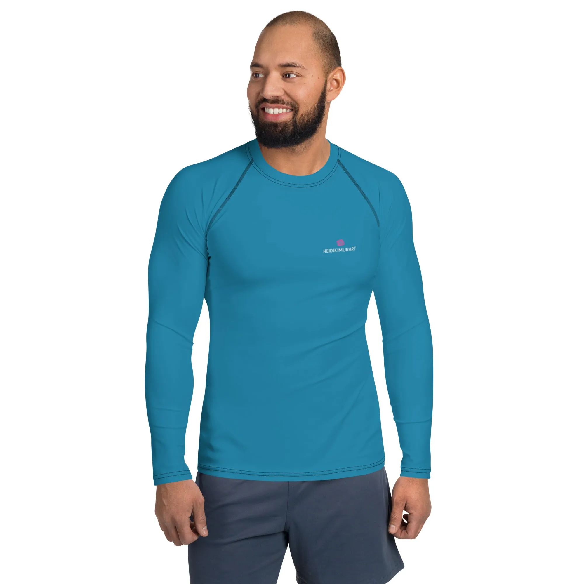 Blue Solid Color Men's Top, Best Men's Rash Guard UPF 50  Long Sleeves Designer Polyester Spandex Sportswear