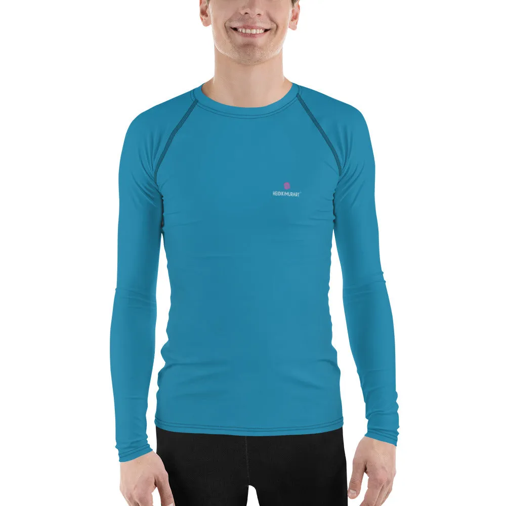 Blue Solid Color Men's Top, Best Men's Rash Guard UPF 50  Long Sleeves Designer Polyester Spandex Sportswear