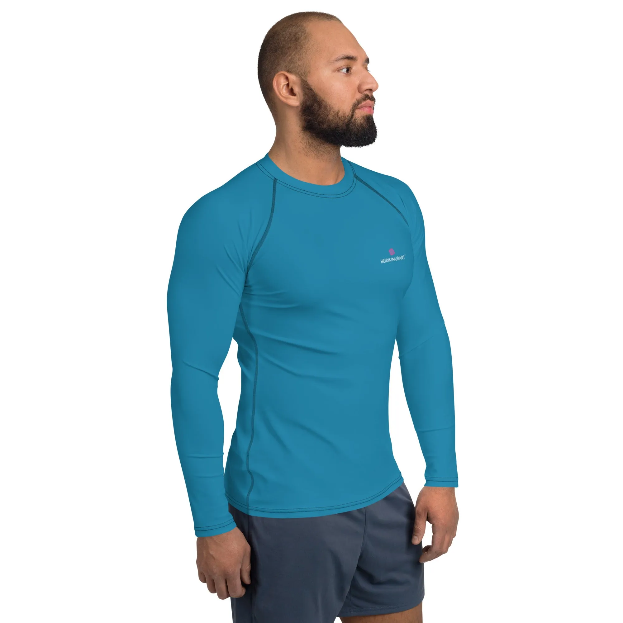 Blue Solid Color Men's Top, Best Men's Rash Guard UPF 50  Long Sleeves Designer Polyester Spandex Sportswear