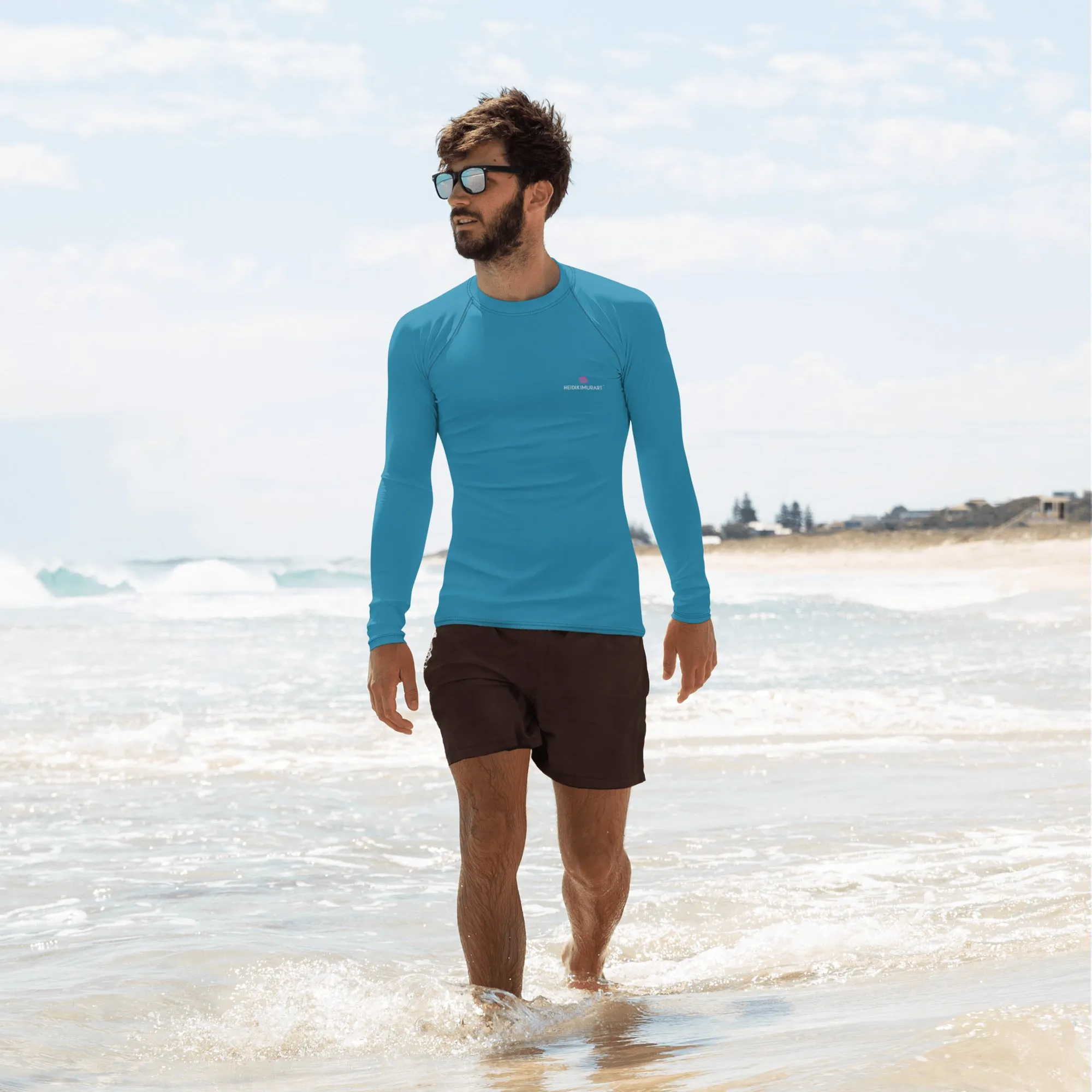 Blue Solid Color Men's Top, Best Men's Rash Guard UPF 50  Long Sleeves Designer Polyester Spandex Sportswear