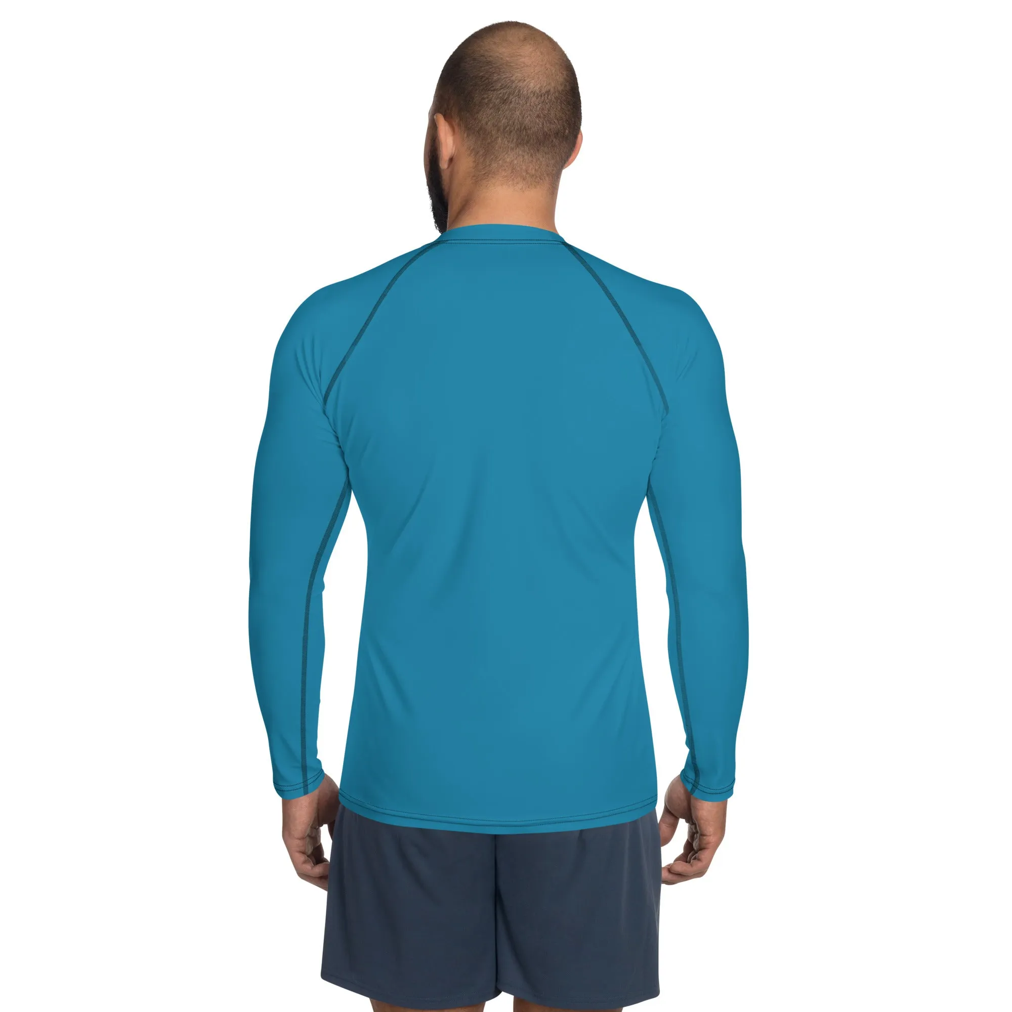 Blue Solid Color Men's Top, Best Men's Rash Guard UPF 50  Long Sleeves Designer Polyester Spandex Sportswear