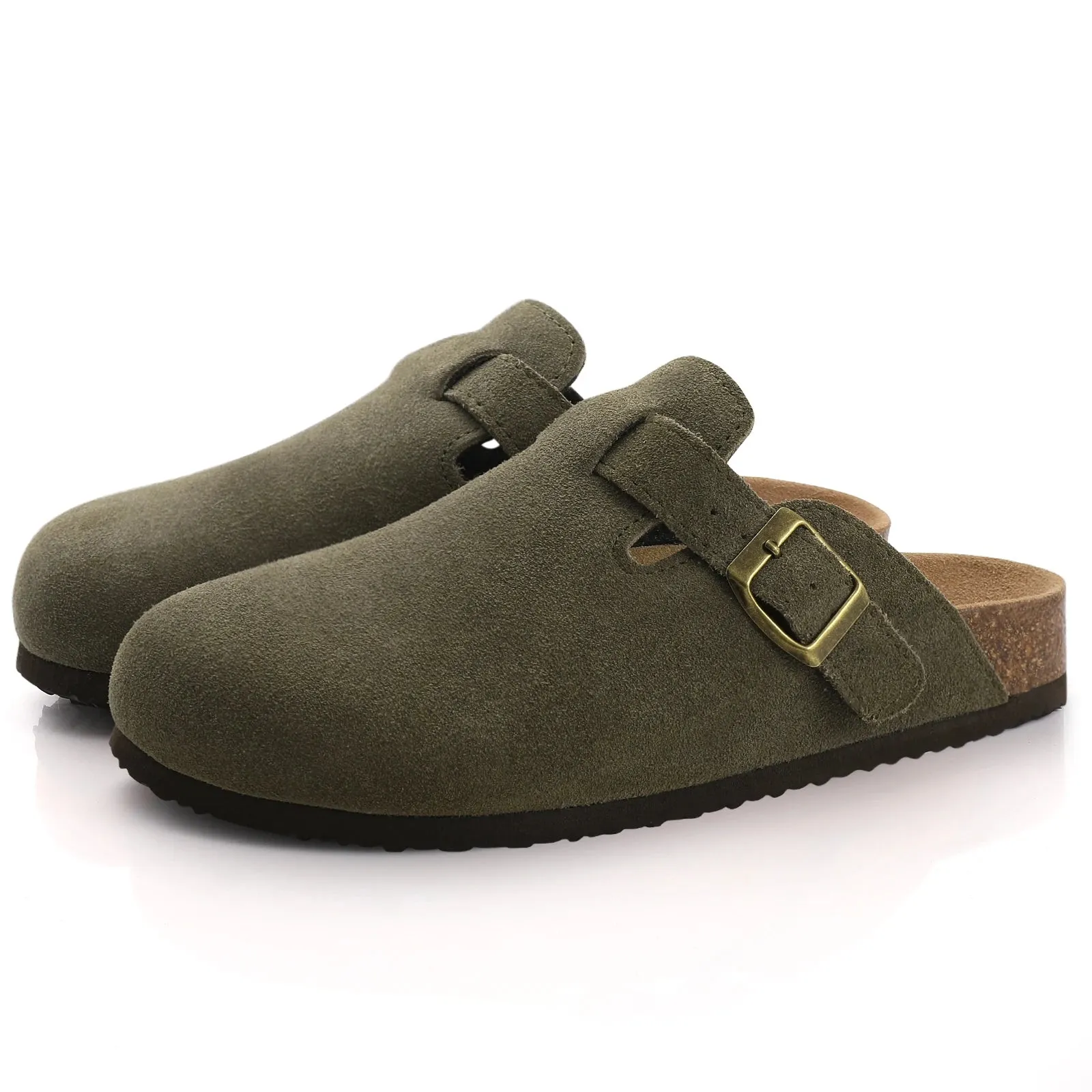 Comwarm Fashion Women's Suede Mules Slippers Men Clogs Cork Insole Sandals With Arch Support Outdoor Beach Slides Home Shoes